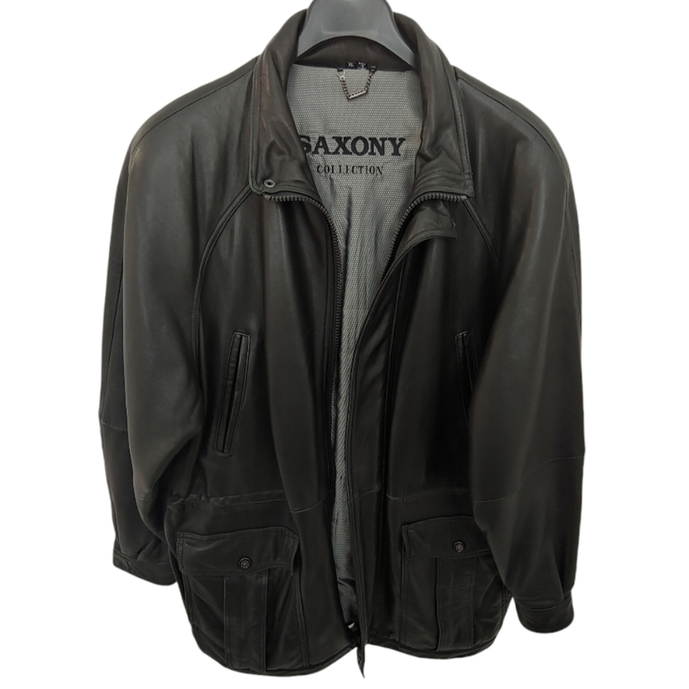 Saxony Vintage Leather Biker Long Jacket Men XL Black